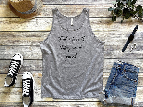 Fall in love with taking care of yourself gray tank tops