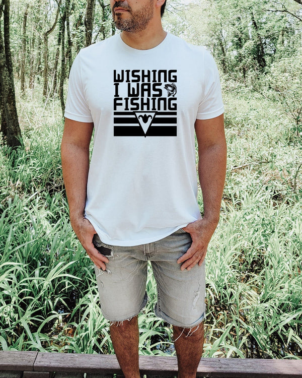 Wishing i was fishing black lettering white t-shirt