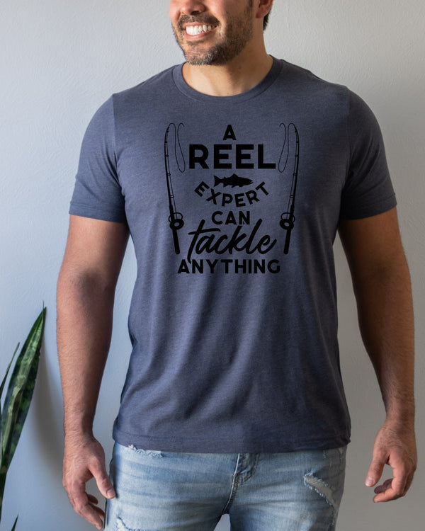 A reel expert can tackle anything navy t-shirt