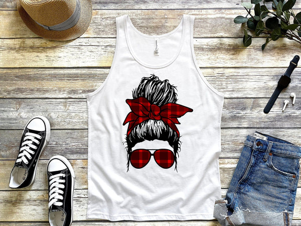 Red Checkered Mom Life Tank Tops