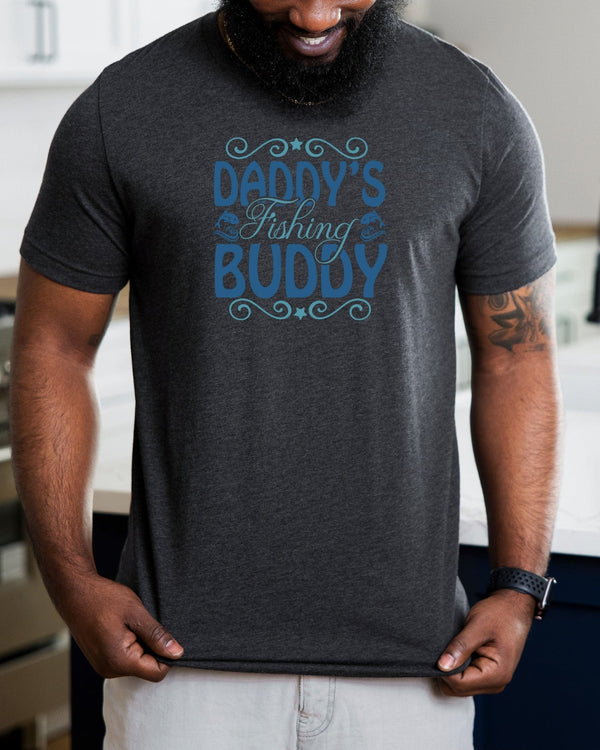 Daddy's fishing buddy blue lettering gray t-shirt
