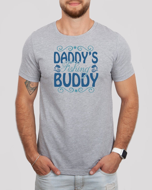 Daddy's fishing buddy blue lettering med gray t-shirt