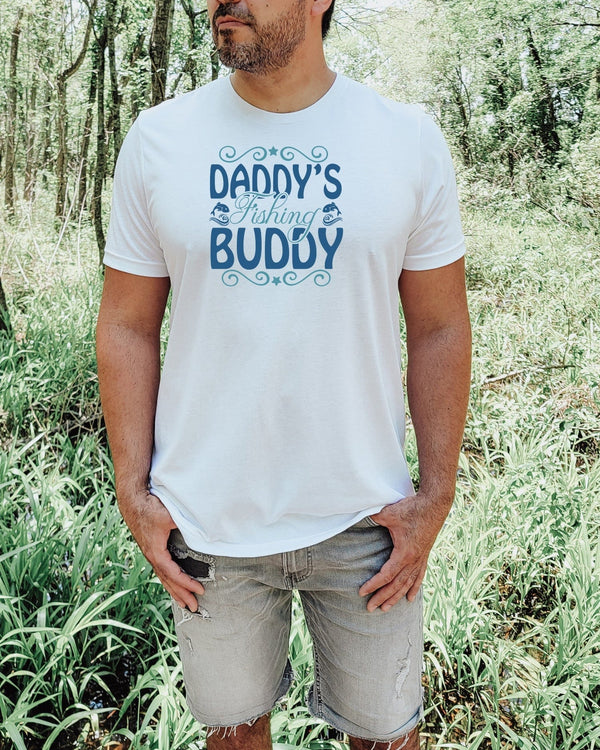 Daddy's fishing buddy blue lettering white t-shirt
