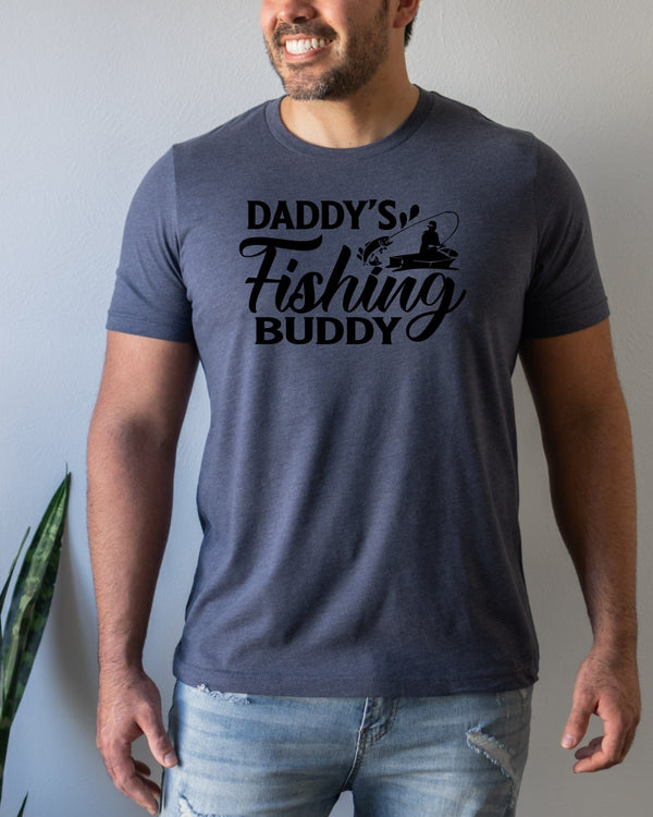 Daddy's fishing buddy black lettering navy t-shirt