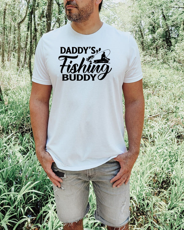 Daddy's fishing buddy black lettering white t-shirt