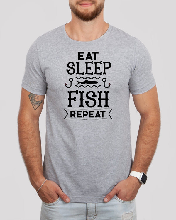 Eat sleep fish repeat black lettering med gray t-shirt