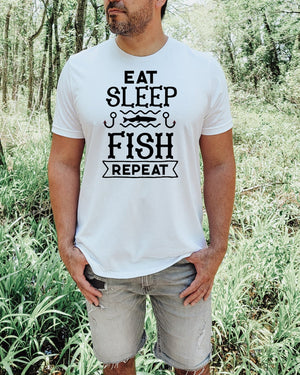 Eat sleep fish repeat black lettering white t-shirt