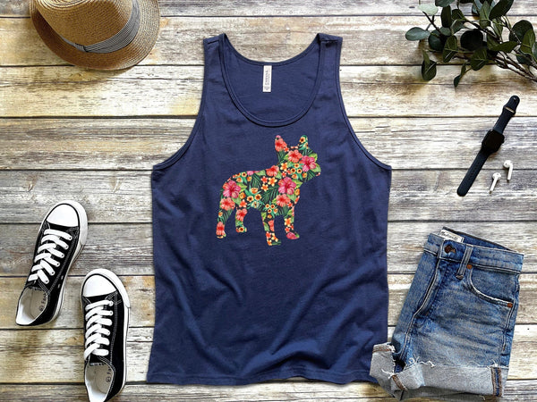 French Bulldog Flower Floral Frenchie Dog Navy Blue Tank Tops