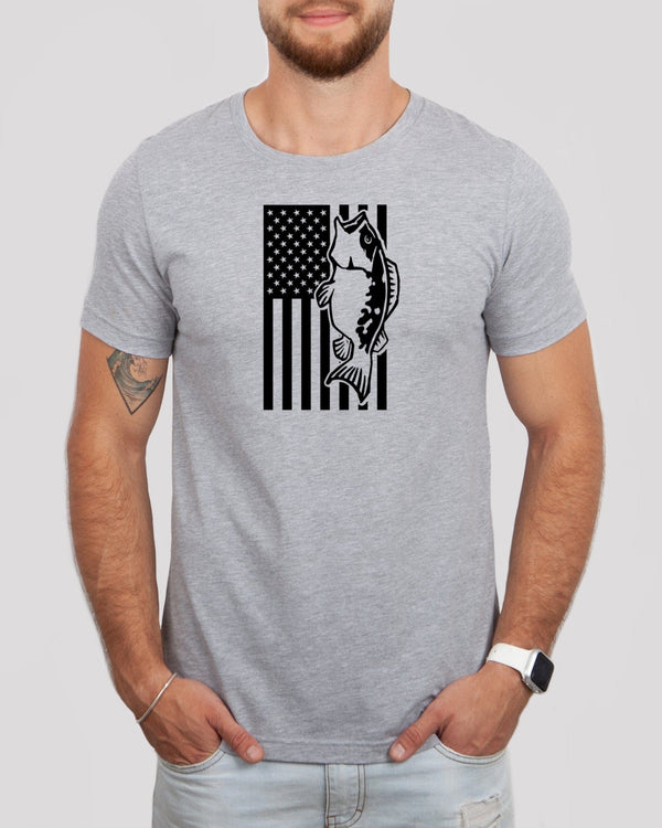 Fish in american flag med gray t-shirt