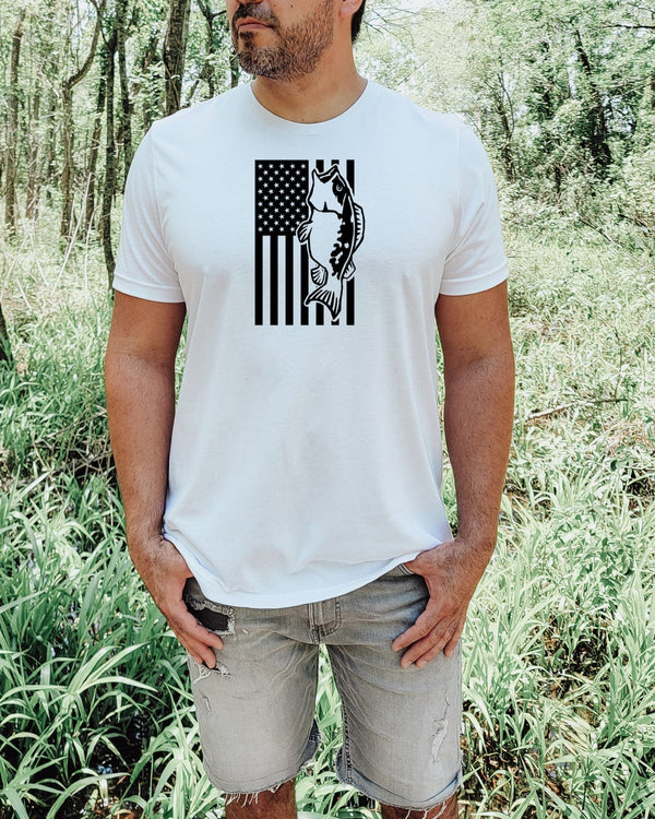Fish in american flag white t-shirt