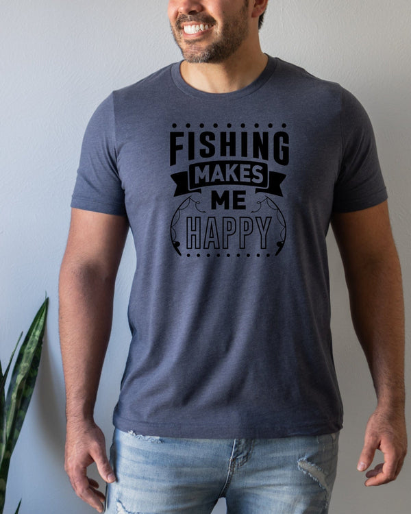 Fishing makes me happy black lettering navy t-shirt