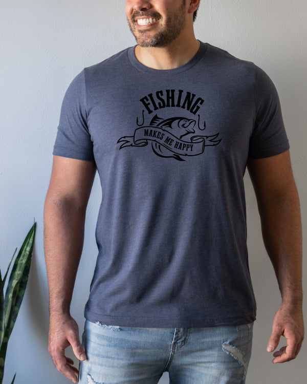 Fishing makes me happy big fish navy t-shirt