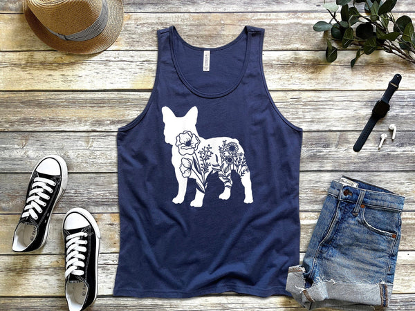 Floral French Bulldog Lover Cute Graphic for Teen Navy Tank Top