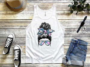 Blue Floral Mom Tank Tops