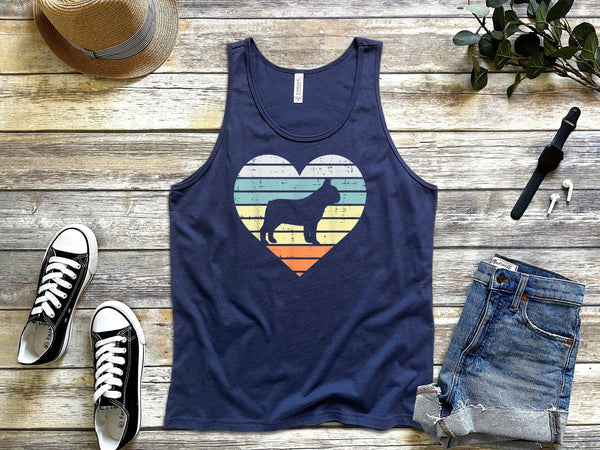 French Bulldog Heart Sunset Retro Frenchie Dog navy tank tops