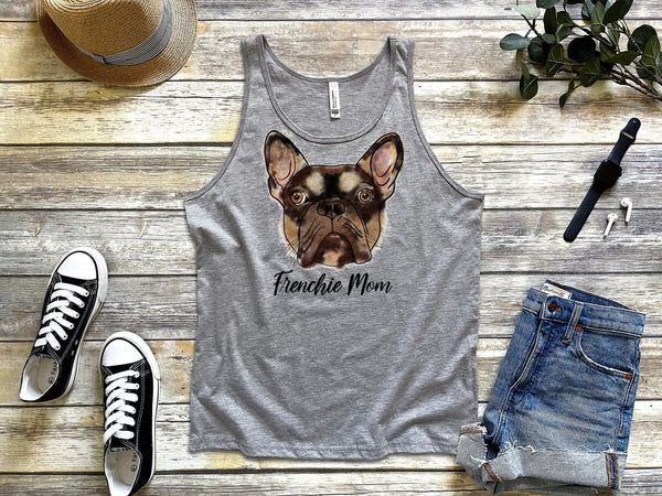 Frenchie mom watercolor brown med grey tank tops