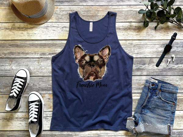 Frenchie mom watercolor brown navy tank tops