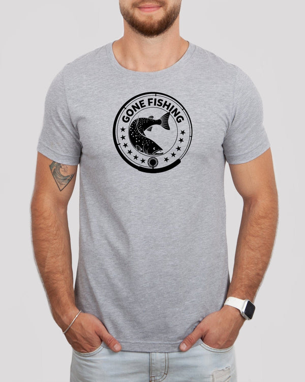 Gone fishing in circle med gray t-shirt