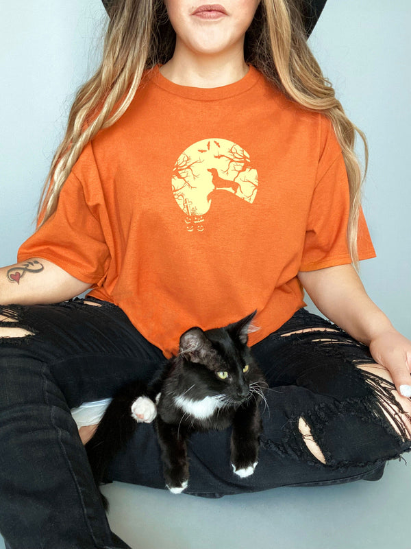 Weiner dog in the Moon Dachshund Halloween Pumpkin on Gildan Orange T-Shirt