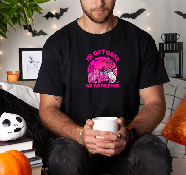 In October We Wear Pink Cat Pumpkin Breast Cancer on Gildan Men Black T-Shirt
