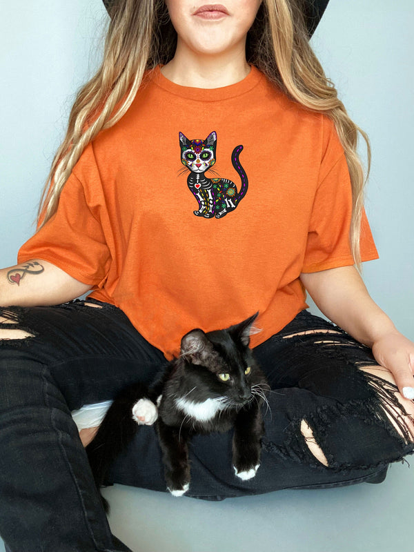 Cute Sugar Skull Mexican Cat Halloween Day on Gildan Orange T-Shirt
