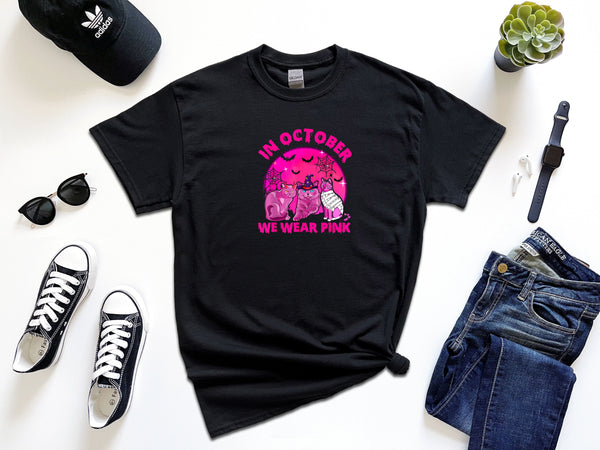 In October We Wear Pink Cat Pumpkin Breast Cancer on Gildan T-Shirt