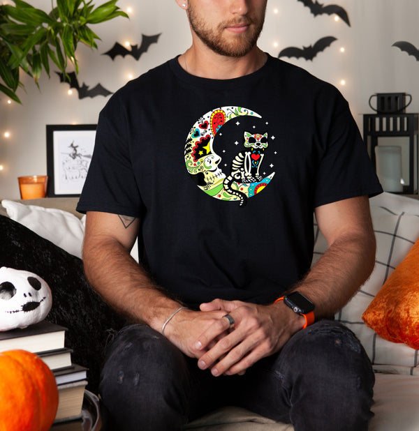 Dia de Los Muertos Halloween Sugar Skull Cat on Gildan Men T-Shirt