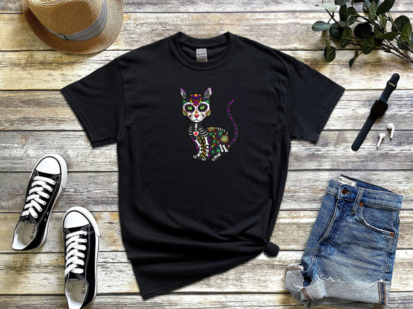 Cute Sugar Skull Mexican Cat Halloween Day on Gildan Black T-Shirt
