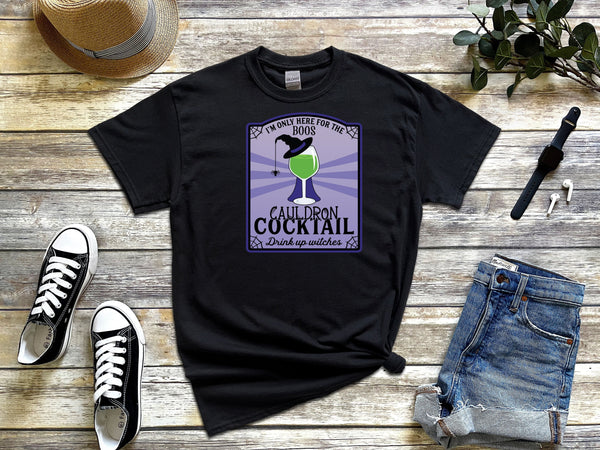 Here for the Boos Cauldron Cocktail Label on Gildan Black T-Shirt