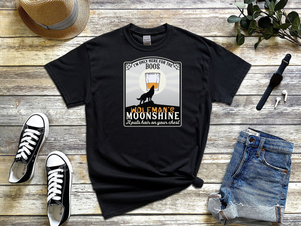 Here for the Boos Wolfmans Moonshine Label Mamma on Gildan Black T-Shirt
