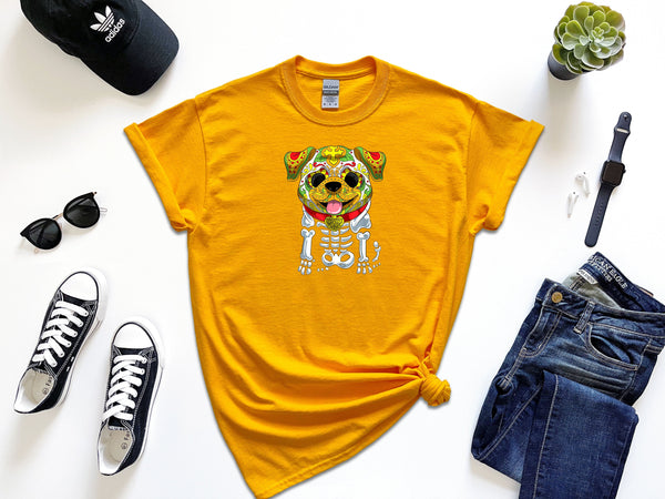 Dia de Los Muertos and Halloween Sugar Skull on Gildan Gold T-Shirt