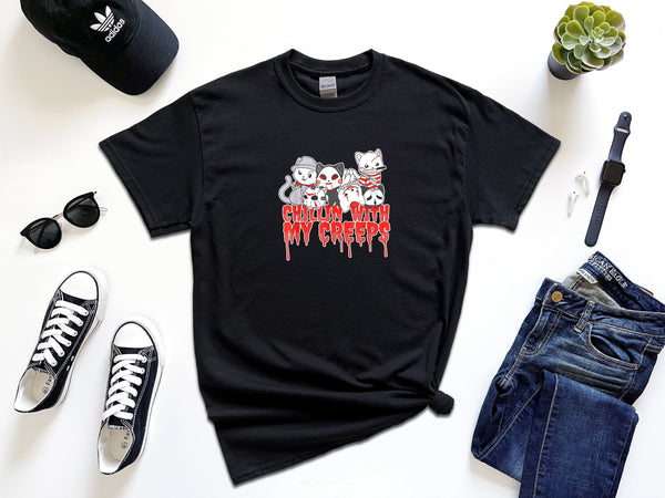 Chillin With My Creeps Cat Horror Serial Killer on Gildan T-Shirt