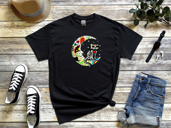 Dia de Los Muertos Halloween Sugar Skull Cat on Gildan Black T-Shirt