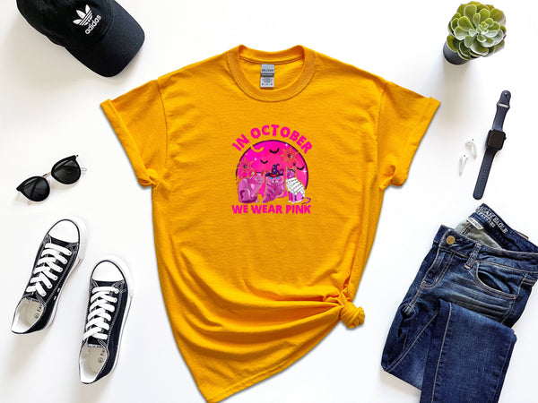 In October We Wear Pink Cat Pumpkin Breast Cancer on Gildan Gold T-Shirt