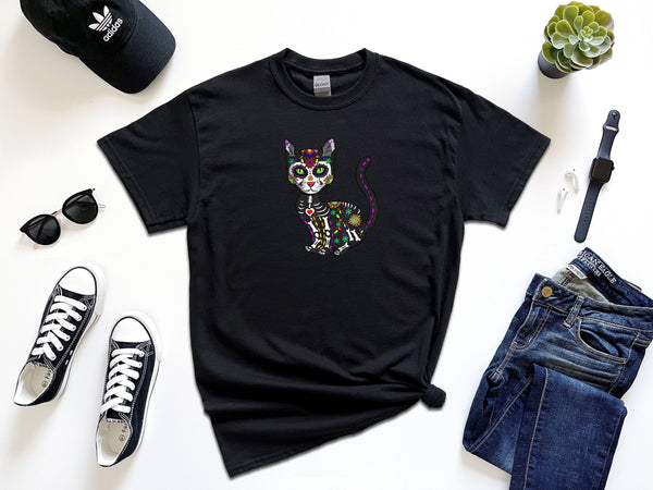 Cute Sugar Skull Mexican Cat Halloween Day on Gildan T-Shirt