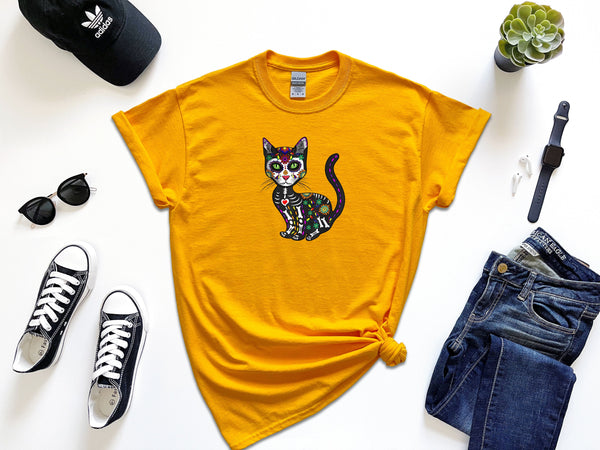 Cute Sugar Skull Mexican Cat Halloween Day on Gildan Gold T-Shirt