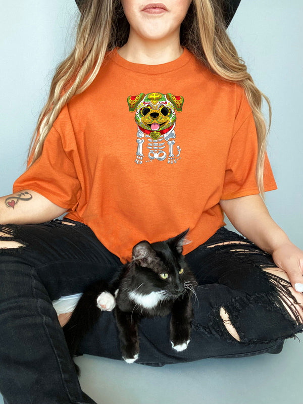 Dia de Los Muertos and Halloween Sugar Skull on Gildan Orange T-Shirt
