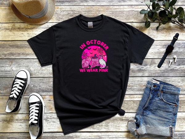 In October We Wear Pink Cat Pumpkin Breast Cancer on Gildan Black T-Shirt