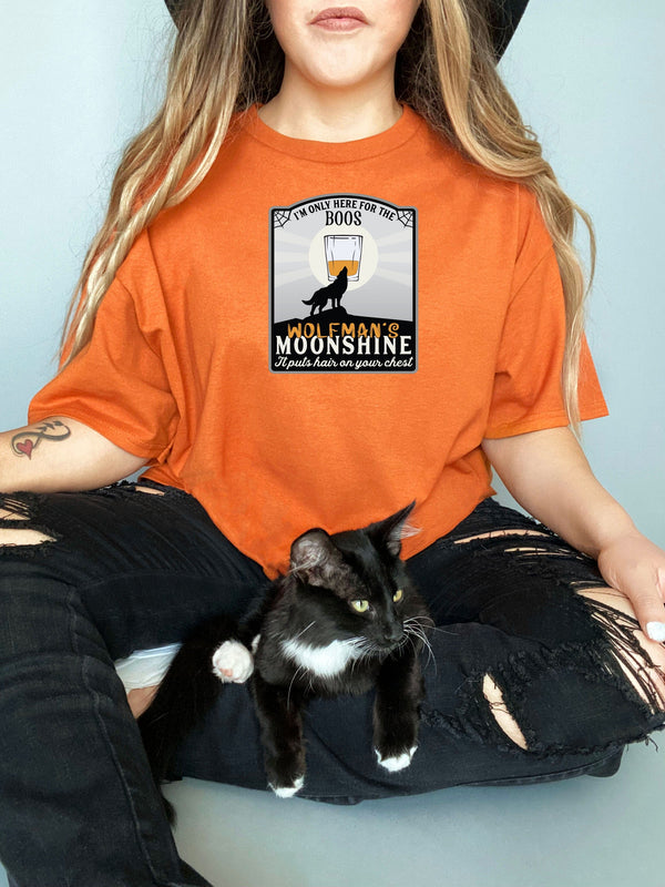 Here for the Boos Wolfmans Moonshine Label Mamma on Gildan Orange T-Shirt