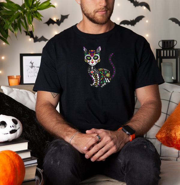 Cute Sugar Skull Mexican Cat Halloween Day on Gildan Men T-Shirt