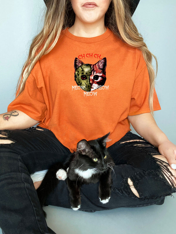 Halloween Costume Cat Funny Ch Ch Meow Scary Cat on Gildan Orange T-Shirt