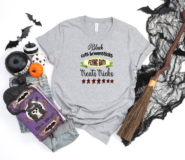 Black cats broomsticks flying bats treats tricks athletic heather gray t-shirt