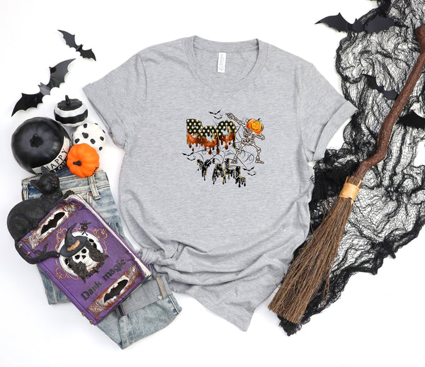 Boo y'all Skeleton Pumpkin webs athletic heather gray t-shirt