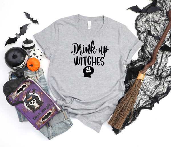 Drink up witches black letters athletic heather gray t-shirt