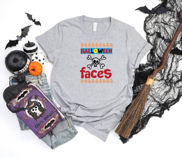 Halloween faces pumpkins skull funky athletic heather gray t-shirt