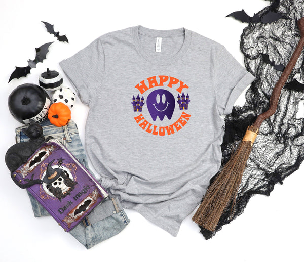 Happy Halloween Circle Design Athletic Heather Gray T-Shirt