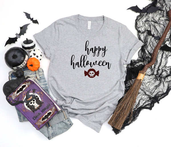 Happy halloween cursive skull candy athletic heather gray t-shirt