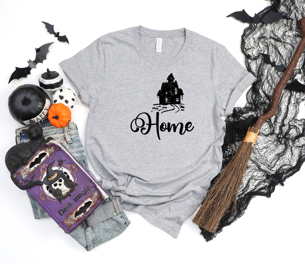 Home Haunted black font athletic heather gray t-shirt