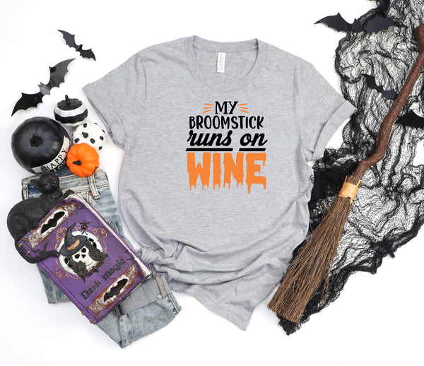 My broomstick runs on wine melting athletic heather gray t-shirt