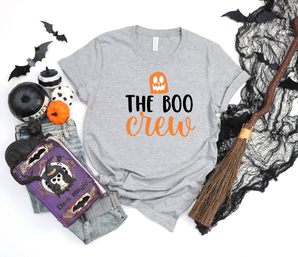 The boo crew face orange athletic heather gray t-shirt
